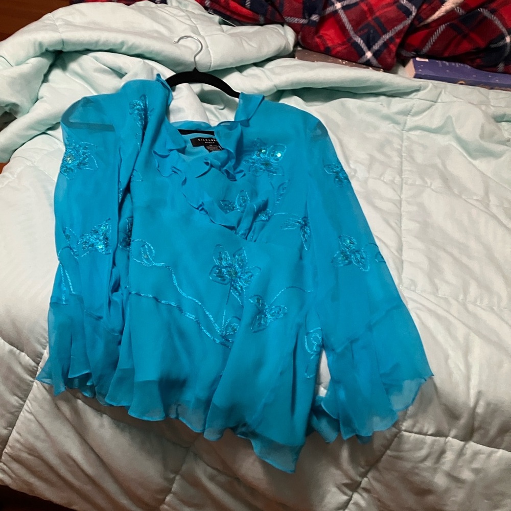 SilkLand Turquoise Sheer Blouse with Floral Embroidery